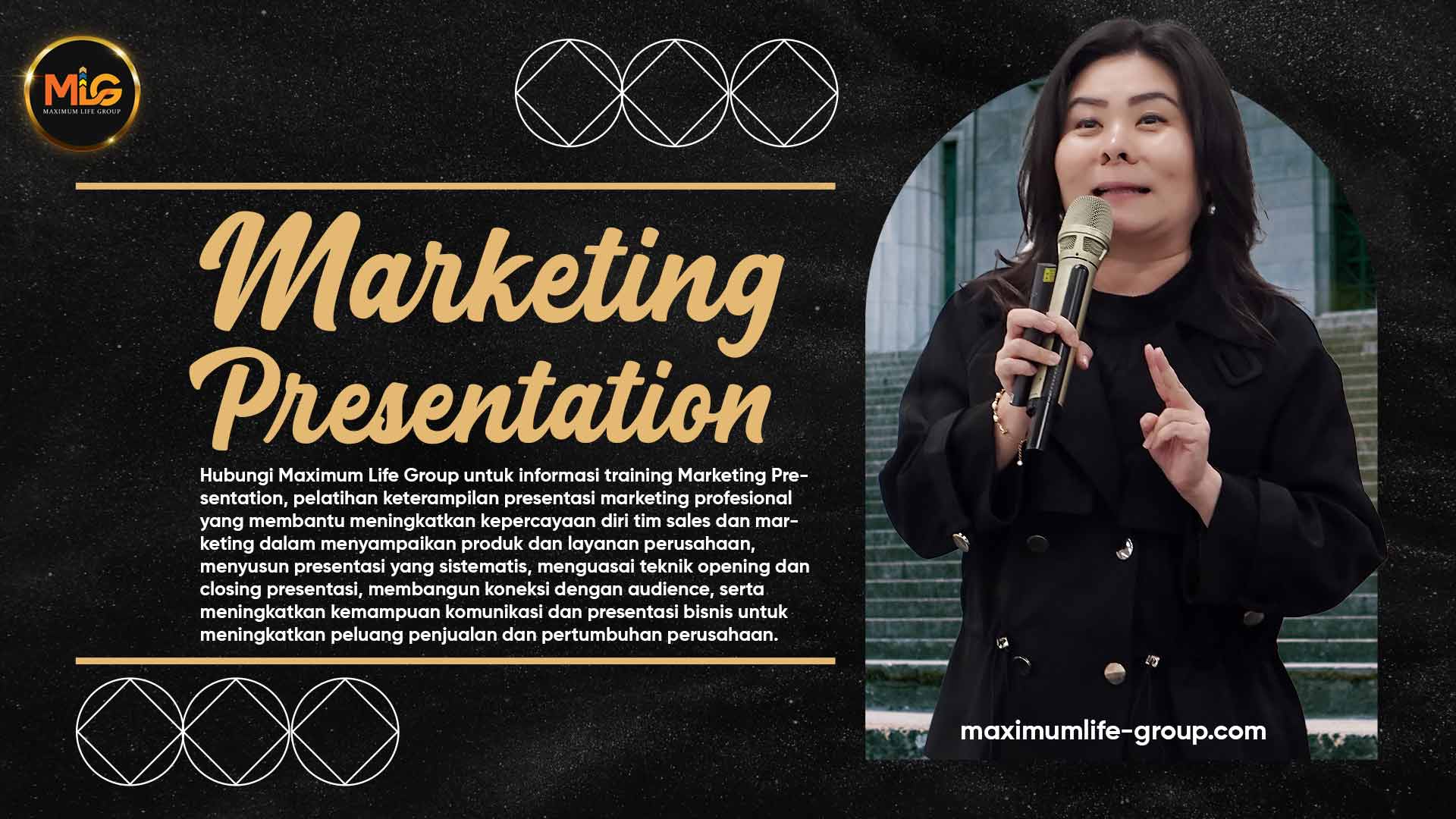 Hubungi Maximum Life Group untuk informasi training Marketing Presentation, pelatihan keterampilan presentasi marketing profesional yang membantu meningkatkan kepercayaan diri tim sales dan marketing dalam menyampaikan produk dan layanan perusahaan, menyusun presentasi yang sistematis, menguasai teknik opening dan closing presentasi, membangun koneksi dengan audience, serta meningkatkan kemampuan komunikasi dan presentasi bisnis untuk meningkatkan peluang penjualan dan pertumbuhan perusahaan.