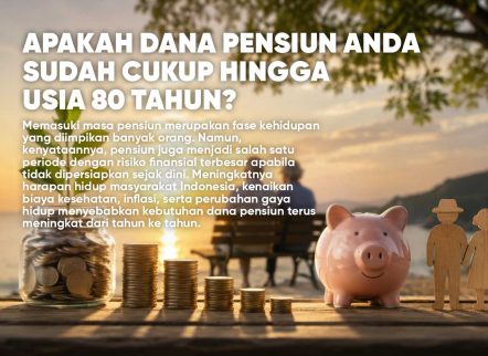 Apakah Dana Pensiun Anda Sudah Cukup Hingga Usia 80 Tahun? Ilustrasi perencanaan dana pensiun dengan celengan, tumpukan koin, investasi, tanaman yang tumbuh dari tabungan, serta pasangan lansia menikmati masa pensiun yang sejahtera di tepi pantai saat matahari terbenam website maximum life group training pensiun.