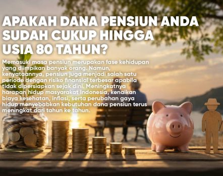Apakah Dana Pensiun Anda Sudah Cukup Hingga Usia 80 Tahun? Ilustrasi perencanaan dana pensiun dengan celengan, tumpukan koin, investasi, tanaman yang tumbuh dari tabungan, serta pasangan lansia menikmati masa pensiun yang sejahtera di tepi pantai saat matahari terbenam website maximum life group training pensiun.