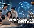 Team of four coworkers gathered around a laptop in a modern office, with a glowing AI brain and robotic hand overhead, suggesting AI could replace jobs.