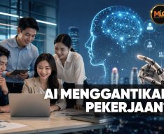 Team of four coworkers gathered around a laptop in a modern office, with a glowing AI brain and robotic hand overhead, suggesting AI could replace jobs.