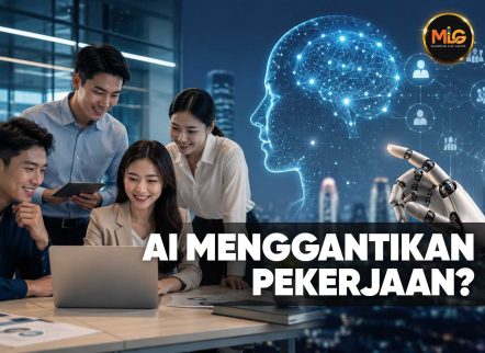 Team of four coworkers gathered around a laptop in a modern office, with a glowing AI brain and robotic hand overhead, suggesting AI could replace jobs.