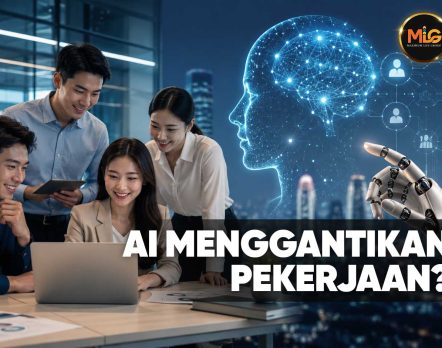 Team of four coworkers gathered around a laptop in a modern office, with a glowing AI brain and robotic hand overhead, suggesting AI could replace jobs.