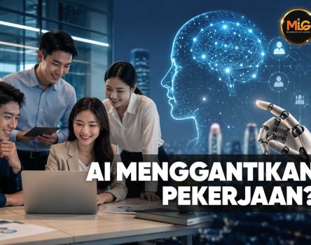 Team of four coworkers gathered around a laptop in a modern office, with a glowing AI brain and robotic hand overhead, suggesting AI could replace jobs.