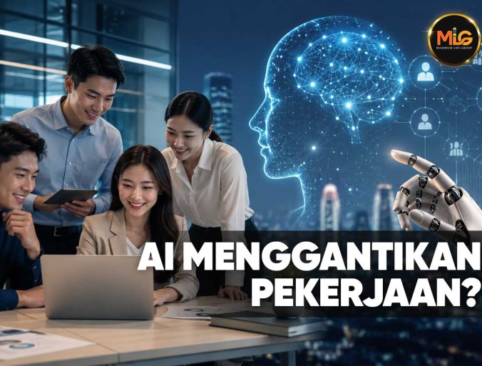 Team of four coworkers gathered around a laptop in a modern office, with a glowing AI brain and robotic hand overhead, suggesting AI could replace jobs.