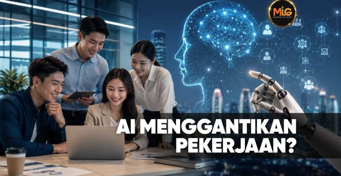 Team of four coworkers gathered around a laptop in a modern office, with a glowing AI brain and robotic hand overhead, suggesting AI could replace jobs.