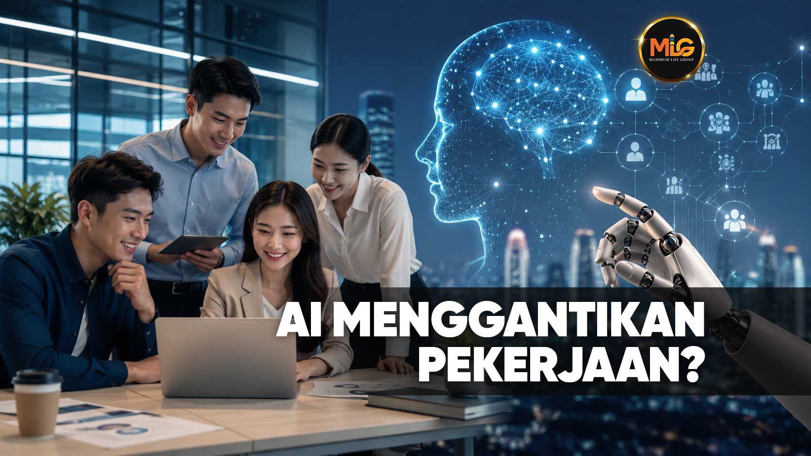 Team of four coworkers gathered around a laptop in a modern office, with a glowing AI brain and robotic hand overhead, suggesting AI could replace jobs.