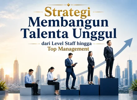 Banner showing Indonesian text about strategy to build top-tier talent from staff to management, with professionals ascending a stepped platform and a rising arrow.