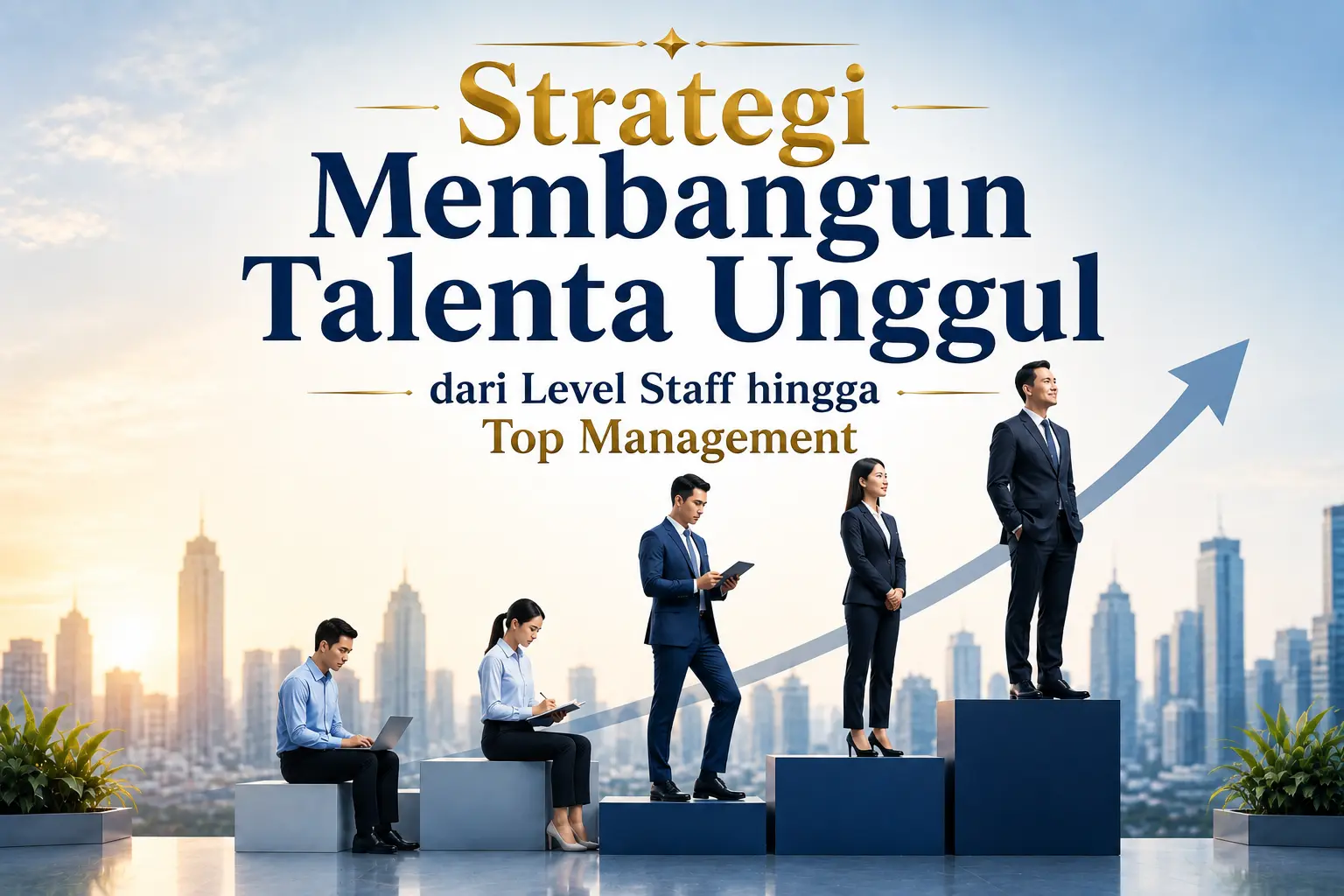 Banner showing Indonesian text about strategy to build top-tier talent from staff to management, with professionals ascending a stepped platform and a rising arrow.