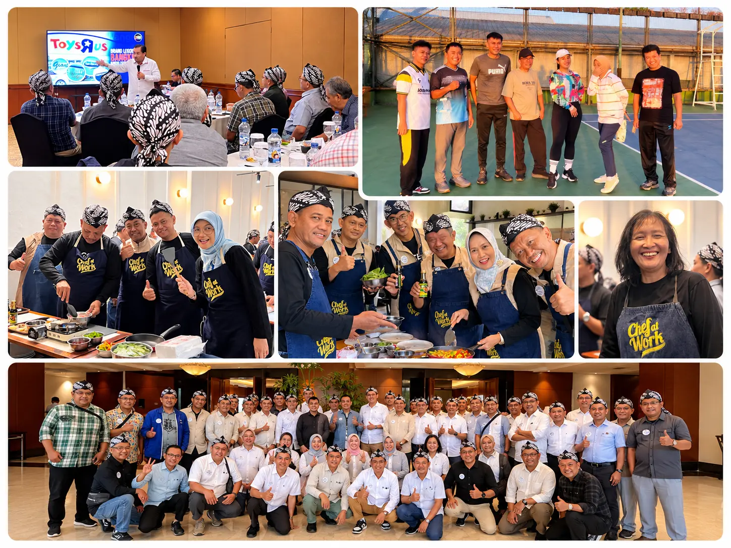Kolase kegiatan Training Masa Persiapan Pensiun Maximum Life Group, berisi seminar, aktivitas luar ruang, cooking class, dan foto kelompok peserta.