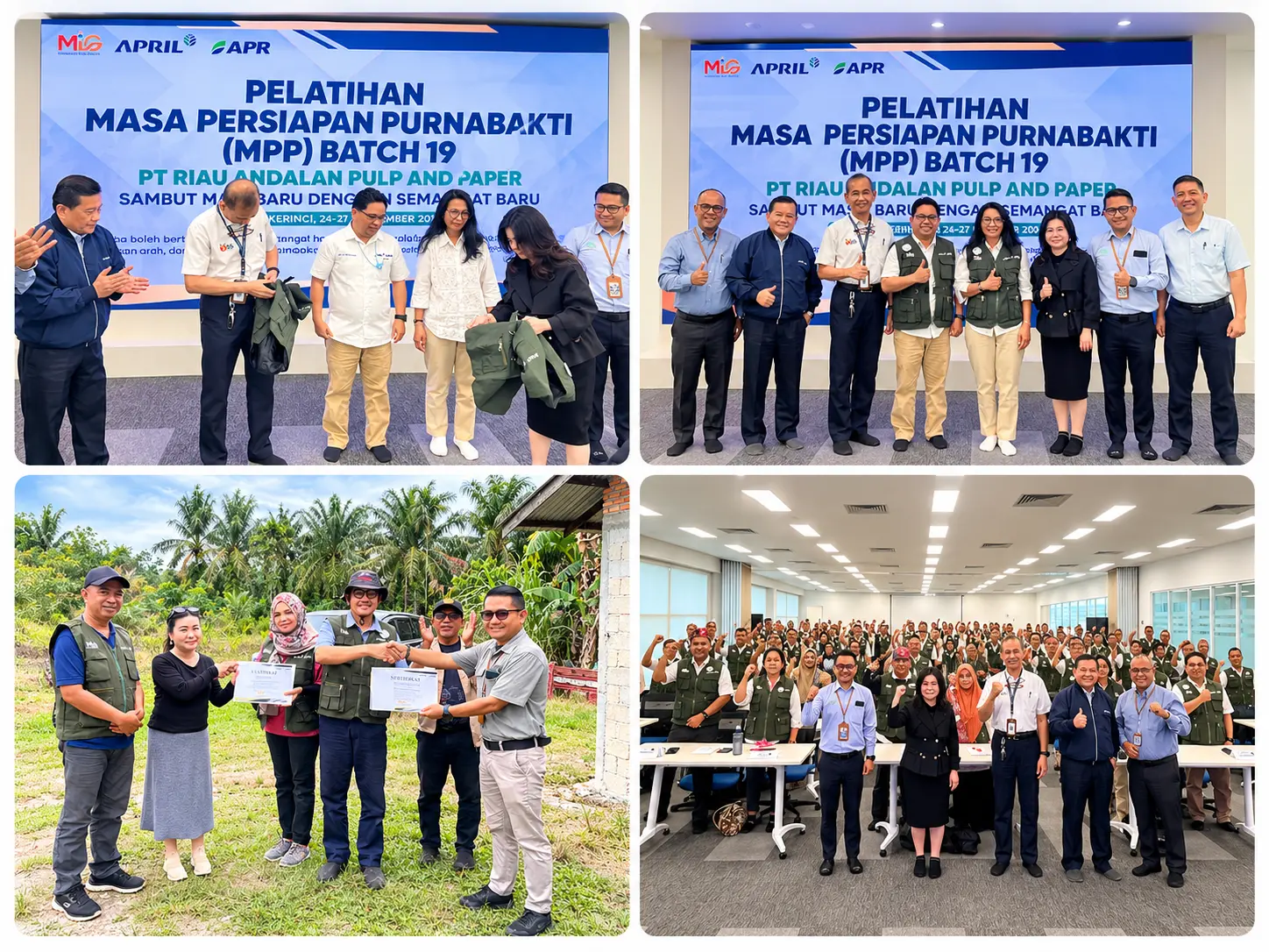 Kolase kegiatan Training Masa Persiapan Purnabakti MPP Batch 19 PT Riau Andalan Pulp and Paper bersama Maximum Life Group, menampilkan sesi pembukaan, foto tim, kunjungan lapangan, dan foto bersama peserta.