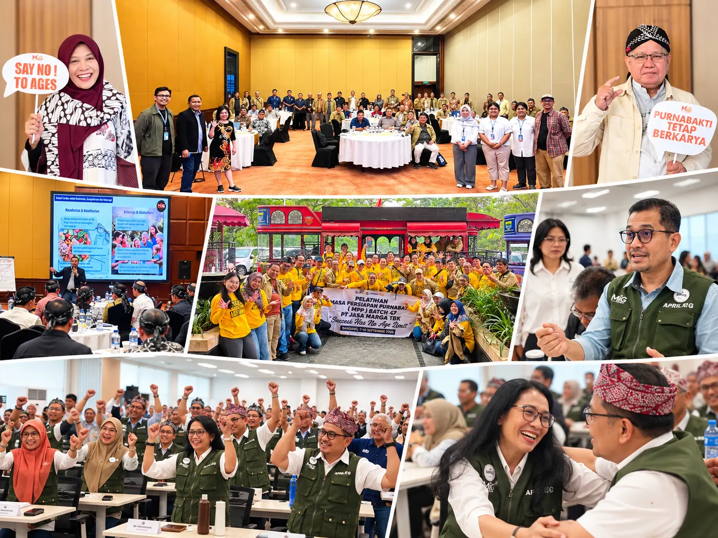 Kolase kegiatan Training Masa Persiapan Pensiun dan Purnabakti Maximum Life Group yang menampilkan sesi kelas, presentasi, diskusi peserta, aktivitas pelatihan, dan foto bersama.